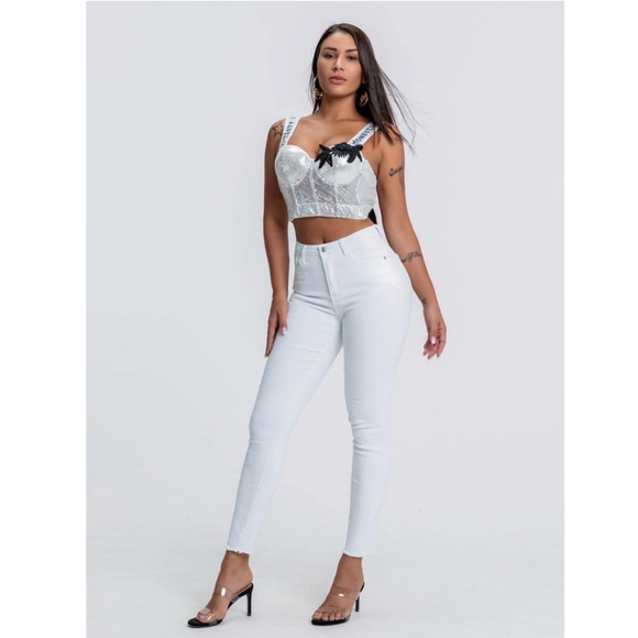 High Stretch White Skinny Jeans Raw Hem Zipper Fly  Buttons Pockets - Picture 2 of 7